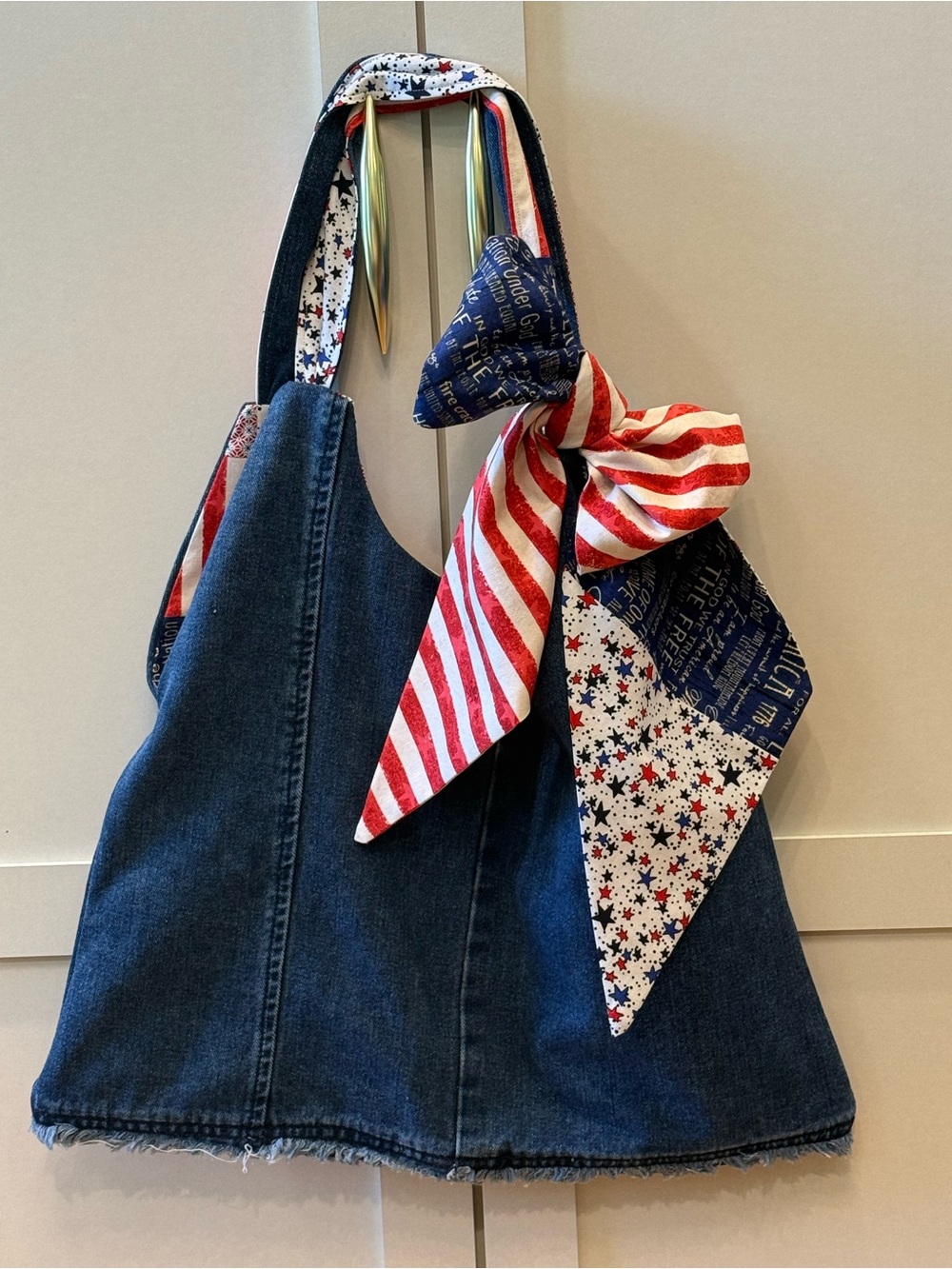 Handmade from jeans Denim Tote Bag with Red, White & Blue Bandana Accent
